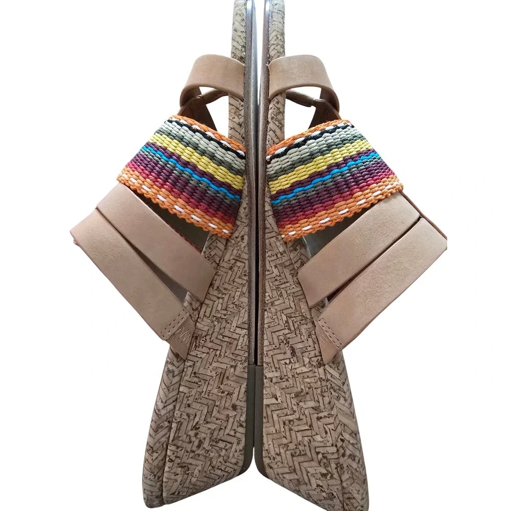 Donald Pliner Womens 7.5M Tan Multi Color Woven Leather Cork Wedge Sandals Italy